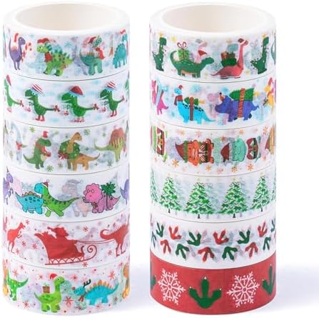 Christmas Dinosaur Washi Tape - 12 Rolls Dinosaur Footprints Christmas Trees Designs, Free Adhesive for Gift Wrapping, Scrapbook, Photo Albums, Journal Decor & DIY Projects
