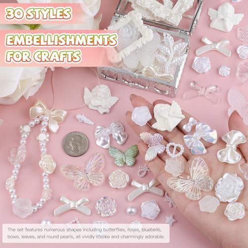350 Pieces 3D Resin ABS Colorful Rose Flower Bows Butterfly Charms with Flatback Half Round Pearl Beads for Bracelet Earring Necklace Craft DIY Making Supplies