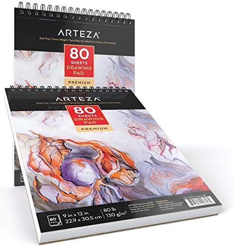 ARTEZA Artist Sketch Pad, 9x12 Inches – 2-Pack, 80 Spiral-Bound Sheets Each, Acid-Free 80 lb White Paper for Sketching, Drawing & Daily Art Practice