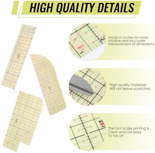 3 Pieces Hot Hem Ruler for Sewing Ruler Heat Resistant Ruler for Quilting and Sewing Tool Thin Pattern Making Clean Measuring Non-Slip Pressing Tool
