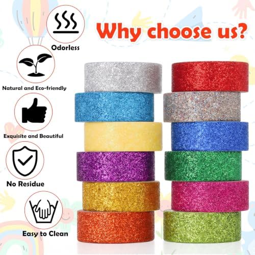 TIESOME 12 Rolls Glitter Washi Tape Set,15mm Macaron Colored Masking Tape,