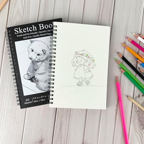 DSTELIN 2 Pack 7.5 x 5.1 Inch Spiral Bound Sketch Pad, Black Cover, 50 Sheets,100gsm, Hardcover, Suitable for Sketching and Drawing, Ideal for Daily Art Creation