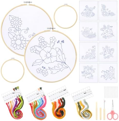 Tioncy 8 Sets Mexican Embroidery Napkins Kit Servilletas para Bordar a Mano Including Mexican Napkin Bamboo Hoop Color Threads and Needles for Beginners Adults DIY Hand Craft Gift(Floral)