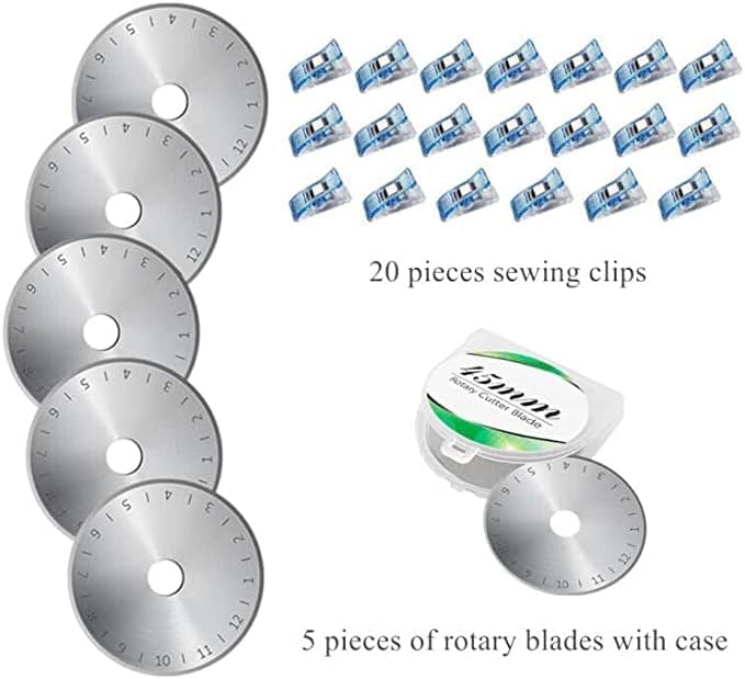 Rotary Cutter Set - Quilting Kit incl. 45mm Fabric Cutter, 5 Replacement Blades, A2 Cutting Mat, Acrylic Quilting Ruler and Sewing Clips, Craft Knife Set, Ideal for Crafting, Sewing, Patchworking
