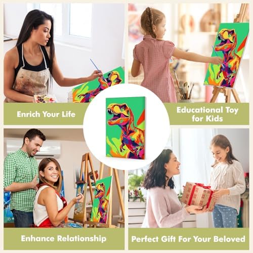 Bowetile Framed Cartoon Paint by Numbers for Kids Beginners, Dinosaur Paint by Numbers for Kids Ages 8-12, Kids Paint by Number Kits on Canvas, DIY Acrylic Number Painting for Home Decor, 8x12in