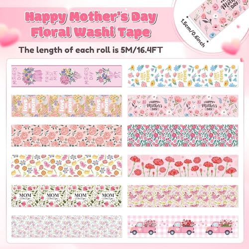 Mother's Day Washi Tape - 12 Rolls Daisy Floral Bouquet Vintage Truck Love Mom Message Designs Acid Free Repositionable Adhesive for Scrapbook Gift Wrapping Card Making Journal Supplies