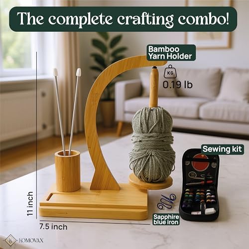 KOMOVAX Wooden Yarn Holder with Sewing Kit & Crochet Ring – Portable Yarn Spinner for Crocheting, Knitting & Yarn Organization – Magnetic Yarn Holder & Yarn Ball Stand – Perfect Gift for Crafters