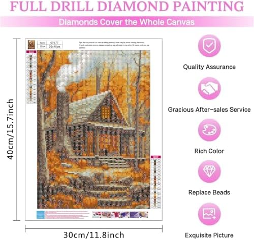 MIRCVSH Autumn Diamond Art Kits for Adults,5D Round Drill Wood Cabin Diamond Painting Kits for Adult Beginners,DIY Full Drill Gem Art Painting Kit for Home Wall Decor 12X16 Inch.