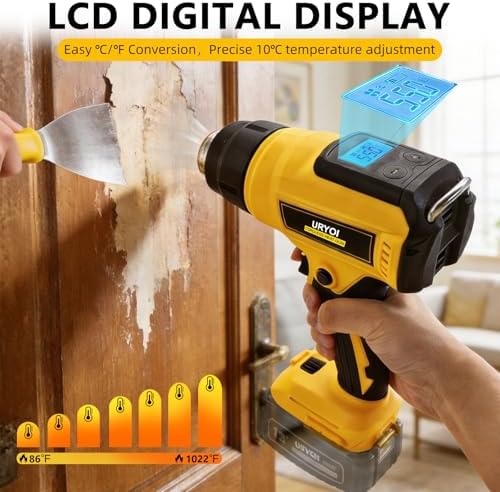 Cordless Heat Gun Compatible with Dewalt Battery, 300W High Power, with LCD Display, Adjustable Temperature 86°F~1022°F, Includes 3 Nozzles, Ideal for Shrink Tubing and Crafting (Battery Not Included)