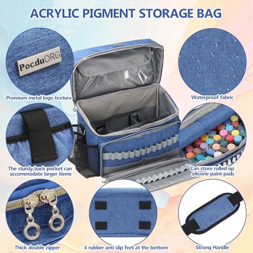 Art Supplies Organizer Storage Bag with Detachable Paint Brush Holder & Partition - Carrying Case for Home/Travel/Outdoor Fits Marks, Acrylic Paint, Palettes, Folding Buckets, Portfolios (Pro Blue)