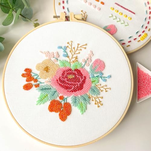Myfelicity Bead Embroidery kit with Floral Patterns, Colorful Thread Sets, and Instructions, Suitable for Beginners and Adults, Box Packaging