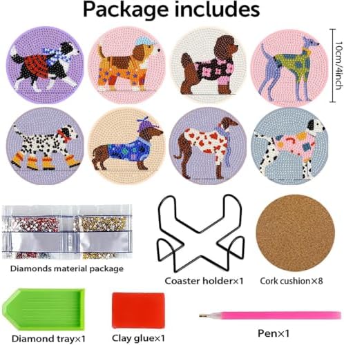 8PCS Dog Diamond Art Coasters Kits, Diamond Painting Coasters with Holder Set of 8, DIY Simple Gem Coaster Art Crafts Supplies for Adults, 4x4 in