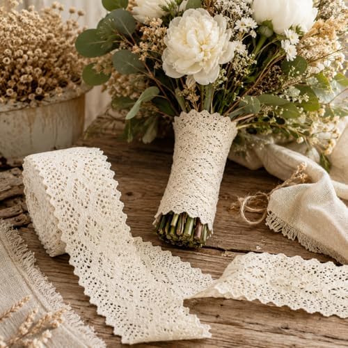 Beige Lace Ribbon 8 Yards Crochet Lace Trim Extra Wide Cotton Sewing for Crafts, Gift Package Wrapping, Bridal Wedding Decoration, Scrapbooking Supplies