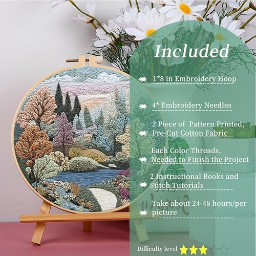 FONNUY 2 Set Embroidery Kit DIY for Adult Beginner, Pre-Stamped Patterns Mountain Sea Embroidery Kits with Hoop, Colored Threads and Needles, Easy to Follow Needlework (Boho Trees)
