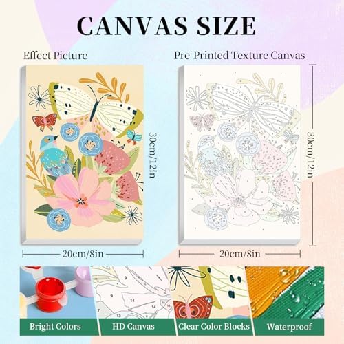 Camocin 4 Pack Framed Paint by Numbers Kit for Adults with Wooden Easel | Flowers & Butterfy Vintage Floral Garden Artwork, DIY Canvas Painting Set, Beginner Friendly, Home Wall Decor, 8x12 Inch