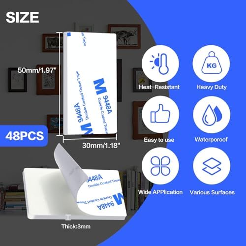 White Double Sided Adhesive Pads,Heavy Duty Mounting Tape,48Pcs 3mm Thickness Pre-Cut Foam Tape,Super-Sticky Black Strong Pads Rectangle Shape Waterproof for Walls Picture, Car, Home, Office