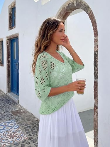 Womens Crochet Top Summer 3/4 Sleeve Cover Up V Neck Boho Tops