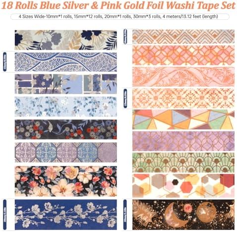Washi Tape 17 Rolls Geometry and Blue Washi Tape Set, Decorative Tape for Bullet Journal, DIY Craft, Scrapbook Supplies