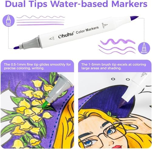 Ohuhu Adult Coloring Books Markers 60 Colors Water-based Dual Tips No Bleed