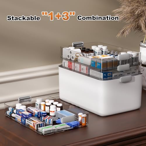 MOPUP 4-Tier Medicine Craft,Sewing,Art,Organizer Storage,Portable Latch Bin with Lid and Leather Handle,Pill Bottle, First Aid,Multipurpose Organizer with Removable Tray,A Household Essential