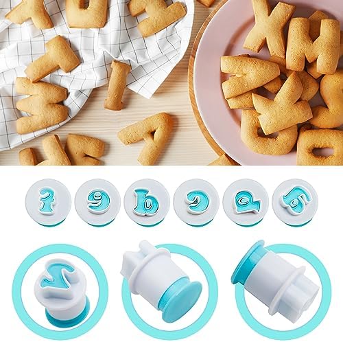 26PCS/Set Cookie Stamp Impress Cookie Cutters Alphabet Letter Cake Biscuit Mold Letter Shape DIY Cookie Biscuit Alphabet Cake Tool Embosser Cutter (Lower Case Shape with Number)