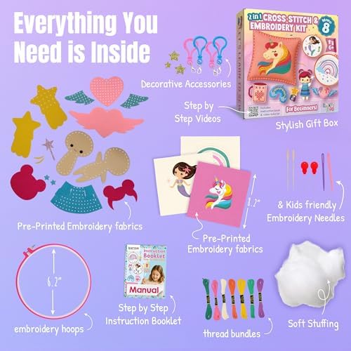 2-in-1 Cross Stitch & Embroidery Kit for Kids - 8 Beginner Projects