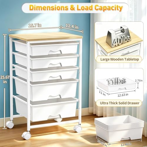 SUNALLY Rolling Carts With 5 Drawers, Storage Drawer Carts for Craft, White | Rolling Utility Cart with Wooden Tabletop & 2 Lockable Wheels, Teacher Storage Cart for Classroom School, Makeup, Nail, Art