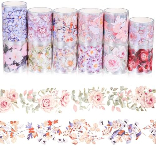12 Rolls Floral PET Tape for Journaling and Scrapbooking Aesthetic Washi Tapes Floral Journaling Tape for Art Crafts, Aesthetic Washi Tapes Scrapbooking Supplies