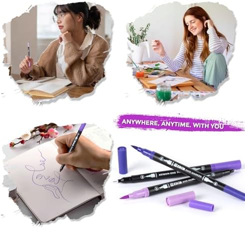 ZSCM QUALITY DECIDES THE FUTURE Purple Duo Tip Marker Pens, 12 Fine & Brush Tip Pen For Adult Coloring Books