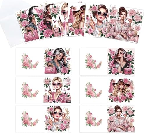 antor 6 Pack 5D Diamond Painting Greeting Cards, Elegant Woman with Floral Design DIY Diamond Art Cards with Envelopes, Handmade Rhinestone Birthday Wedding Thank You Cards for Adults