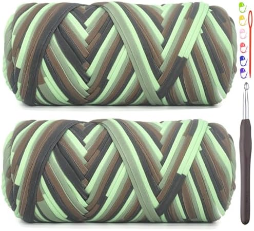 2 Pack Tshirt Yarn for Crocheting,Rainbow T Shirt Chunky Elastic Fabric Thick T-Shirt Crochet Yarn for Beginners Crocheting Hand Knitting Bag/Basket/Coasters/DIY Crafts/Home Decor 2 * 200G-Camo Green