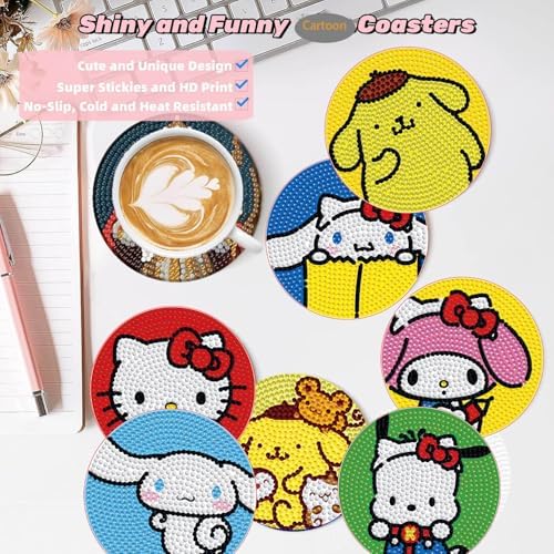 YSUNETER 8 PCS Cartoon Diamond Art Coasters Kits, DIY Drink Coasters Art Crafts Supplies for Adults, Non-Slip 3.9 inch