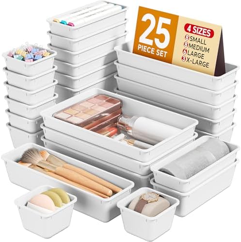KEMETHY 25 PCS Plastic Drawer Organizers Set, 4 Sizes Vanity Organizer, Makeup and Desk Drawer Organizer Trays, Organization and Storage for Makeup, Bathroom, Kitchen Utensils and Office (White)