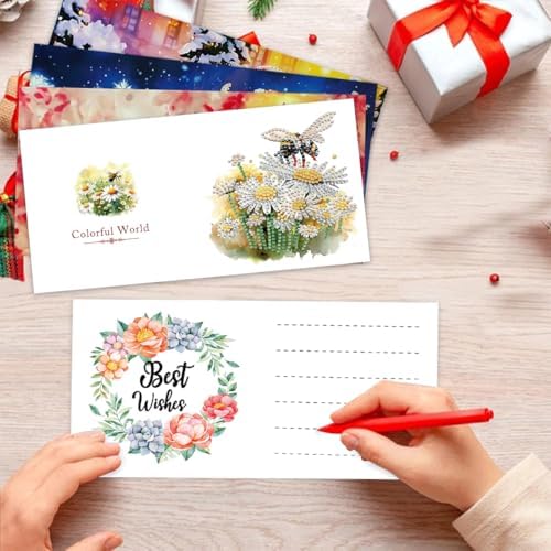 LSQFS 6PCS Daisy&Bee Floral Diamond Painting Greeting Cards with Envelopes