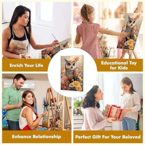 Bowetile Paint by Numbers Owl Kit for Adults, Framed Painting by Numbers Animal, Adults' Paint-by-Number Kits on Canvas, Acrylic Flower Number Painting Gifts for Home Wall Decor, 8x12in