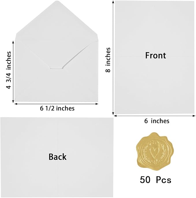 50 Pack White A6 Envelopes with Cards and Gold Stickers, 4x6