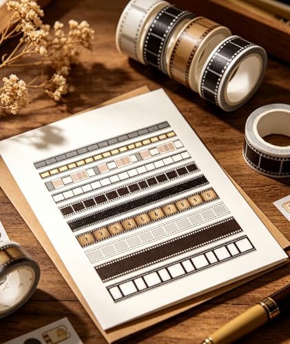 Vintage Photography Themed Washi Tape 10 Rolls - Retro Film Strip, Classic Camera & Photo Border Design for Scrapbooking, Memory Albums, Journaling, Photo Booth Decor