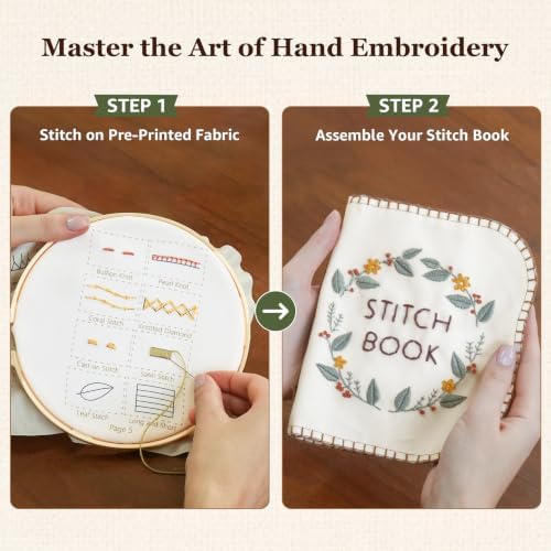 HEAMODON Embroidery Stitch Book Kit for Beginners, Hand Embroidery Kits for Adults, Embroidery Book Kit for Beginners