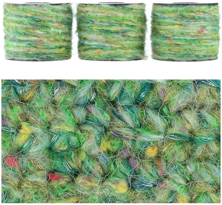 Artisanal Yarn Collection Multifiber Fancy Yarn for Knitting Crocheting Crafts DIY, Set of 3 Rolls(111 Verdant Sparkle)