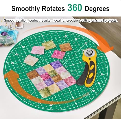 Headley Tools 13"x13" Round Rotating Cutting Mat, Self Healing Mat with 360-Degree Rotation & Anti-Slip Base, Sewing Board Cutting Mat Perfect for Fabric Quilting Leather Hobby Project, Green