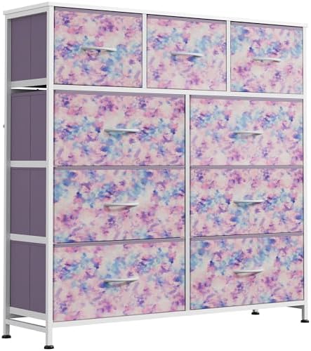 WLIVE Tall Dresser for Bedroom, 9 Drawer Chest of Drawers, Tie-Dye | 9 roomy fabric drawers, Tall storage design, Bedroom or closet use, Sturdy steel frame, Smooth wood tabletop