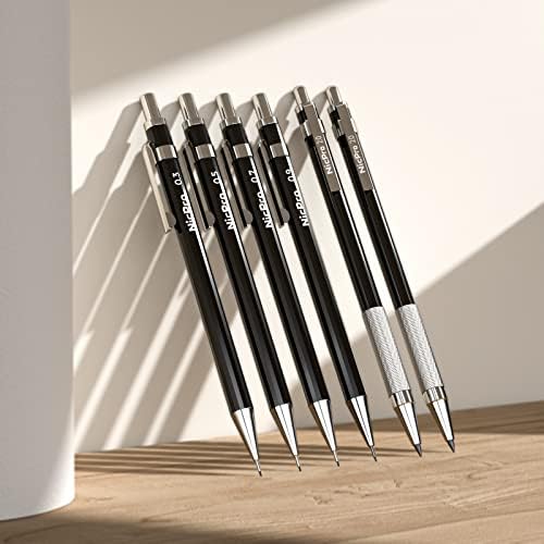 Nicpro 6 PCS Art Mechanical Pencil Set, Black Metal Drafting Pencil 0.3, 0.5, 0.7, 0.9 mm & 2PCS 2mm Graphite Lead Holder(4B 2B HB 2H) For Writing Sketching Drawing With 8 Lead Refills Eraser Case