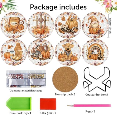 8 Pcs Diamond Art Coaster Kit for Adult with Holder, Diamond Coasters 4x4in