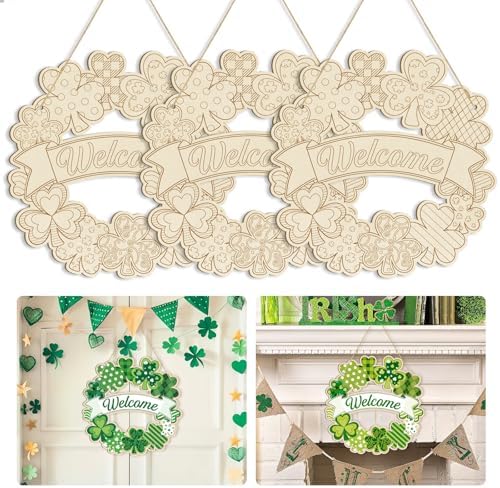 Large Size 12" Wooden Shamrock Ornaments to Paint, St. Patrick's Day Decoration Cutouts Wooden DIY Blank Unfinished Shamrock Irish Door Hanging Sign Plaque Crafts Hanging Decorations 3PCS