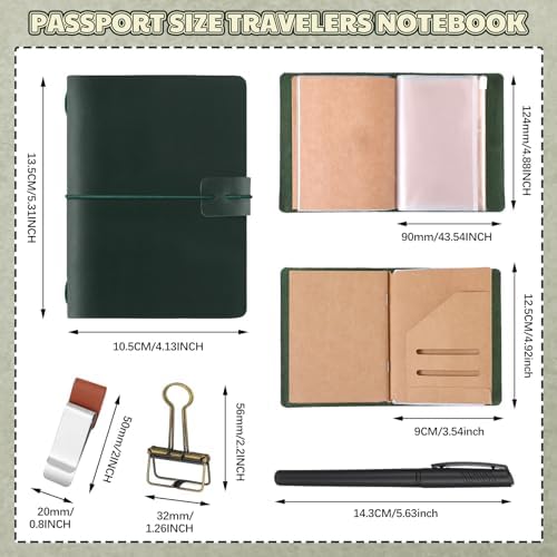 Thenshop Leather Travel Notebook 3 Inserts,Green,Passport Size