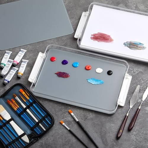 Nuanchu 2 Pcs 9 x 12 Inch Glass Palette for Oil Painting, Neutral Grey | Airtight Keep Wet Palette Container, 80 Sheets Disposable Paper, Keeps Paint Fresh, for DIY Color Mixing Beginners