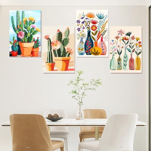 Jethami 4 Pack Cactus Paint by Numbers Kit for Adults with Framed 8x12 in | Easy to piant for beginners elderly, with Easel & Magnifying glass, Relaxing & Stress relief, canvas, Home wall decor