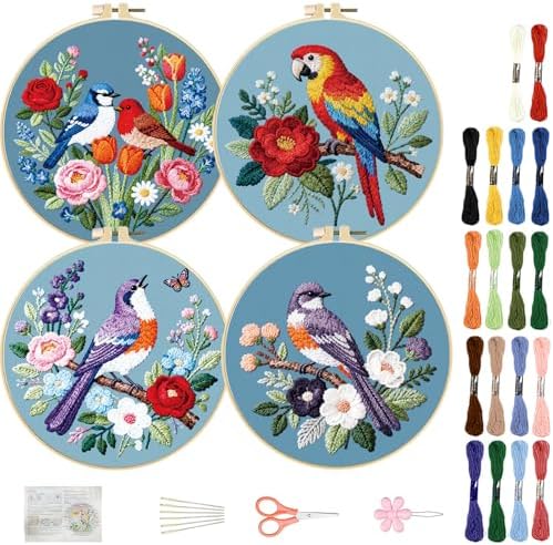 FREEBLOSS 4 Sets Embroidery Kit for Beginners Needlepoint Birds&Wreath Stamped Embroidery Starter Kit with Instructions, Needles, Threads, 2 Hoops 11.6"/29.5CM