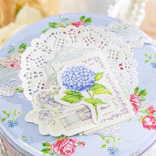 100Pcs Light Blue Vintage Scrapbook Paper & Journaling Stickers Set, Mix Sizes Antiqu Printed Craft Paper, Retro Floral Design Junk Journal Supplies for DIY Card Making, Journaling, Photo Album