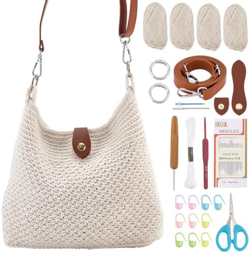 ACRNIGHEET Crochet Bag Kit for Beginners Crochet Purse for Women DIY Tote Bag Making Kit with Step-by-Step Tutorials Knitting Supplies for Adults Crafts Boho Gift Idea (Beige)